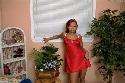 Pretty Asian amateur Gia slipping out of red nightie and lace lingerie