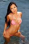 nat ronde tieten Aziatische Babe thuy Li houdingen in onthulling Roze Bikini in De Zon