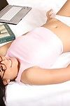 Spectacled asian chick Miranda Kelly with totally smooth pussy removes her white panties