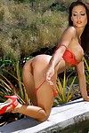 Brilliant brunette Jessica Jaymes dressed in red shows her sexual bits in nature