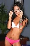 Spectacled Angelina Valentine takes off her mini-dress and lingerie then gets boned