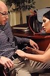 Busty british brunette Emily B in stockings gets her smooth pussy banged by four-eyed guy