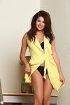 Sexy smooth pussy brunette Shyla Jennings takes off her yellow dress and black underwear