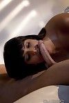 Harlot brunette Shazia Sahari in white lingerie and stockings does a blowjob and gets owned