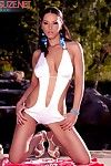 Hot posing session outdoors with gorgeous brunette Angel Dark in white swimming suit