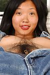 Adolescent Eastern brunette hair Janet with miniature mounds shows off her hirsute uterus