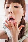 Attractive dark brown Oriental Rei Furuse swallows jism later on giving a clammy dick sucking on her knees