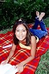 Japanese queen Leilani has a picnic where this chick undresses her milk sacks and mink and climbs on white dildo.