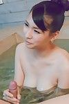 Appealing and beautiful brunette hair Oriental Yui Oba gives head and uses her titties to please