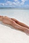 Seductora oriental Belleza Miko Sinz muestra su calvo hortera mojado crack en el Playa